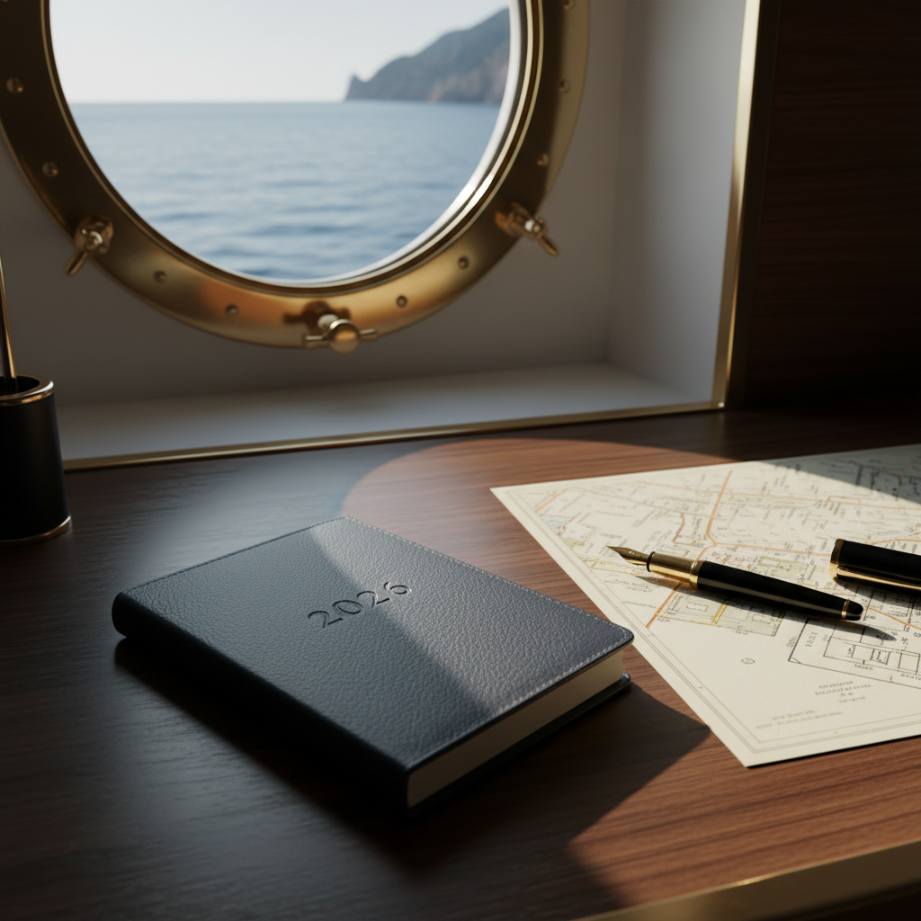 A neatly arranged cruise cabin writing desk with a slim leather-bound travel journal embossed “2026” in subtle relief, placed beside a polished brass porthole framing the open sea. Soft mid-morning sunlight streams through the round window, casting a luminous circle onto the desk’s dark wood grain and creating gentle, elongated shadows from a fountain pen and folded ship map. Outside, a sliver of distant coastline along the Venice-to-Athens route is visible in crisp detail. Shot at a slightly elevated, three-quarter angle with shallow depth of field, the focus rests on the journal’s textured cover and gleaming pen nib. The atmosphere is reflective and intimate, rendered in sophisticated photographic realism with muted, elegant tones of navy, cream, and warm brown.