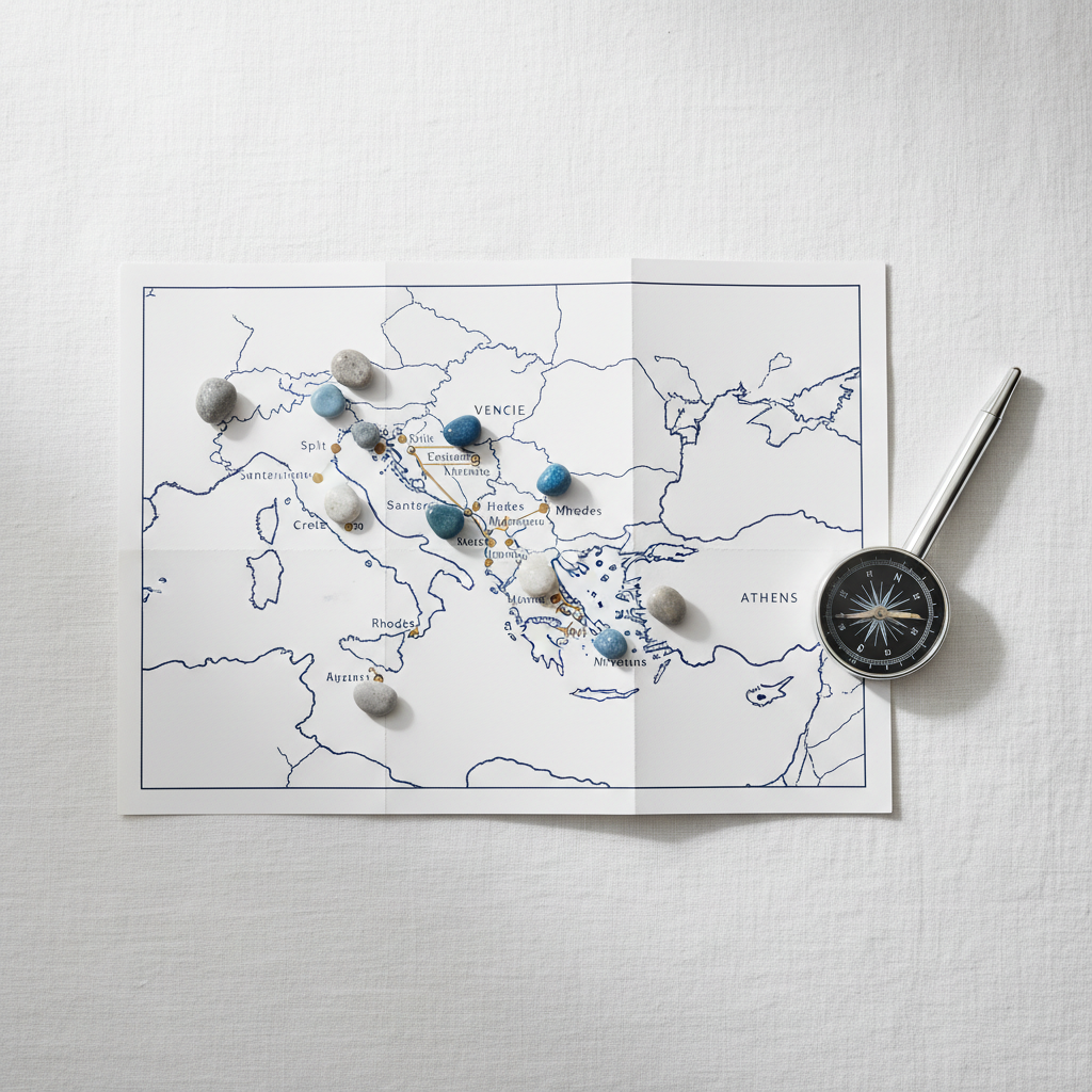 A refined flat-lay composition on a crisp white shipboard linen, featuring a minimalist, fold-out map of the Venice-to-Athens cruise route, with ten small, polished stone markers carefully placed along the line of ports. Beside the map rests a slim silver compass, its glass face catching soft, diffused afternoon light from an unseen cabin window. The shadows are gentle and understated, enhancing the sophisticated, contemplative mood. The camera is positioned directly overhead, ensuring sharp focus and clean lines across the frame. The photographic realism highlights the subtle textures of paper, linen, and stone, with a restrained color palette of whites, deep blues, and muted golds, evoking personal travel memories being thoughtfully charted and preserved.