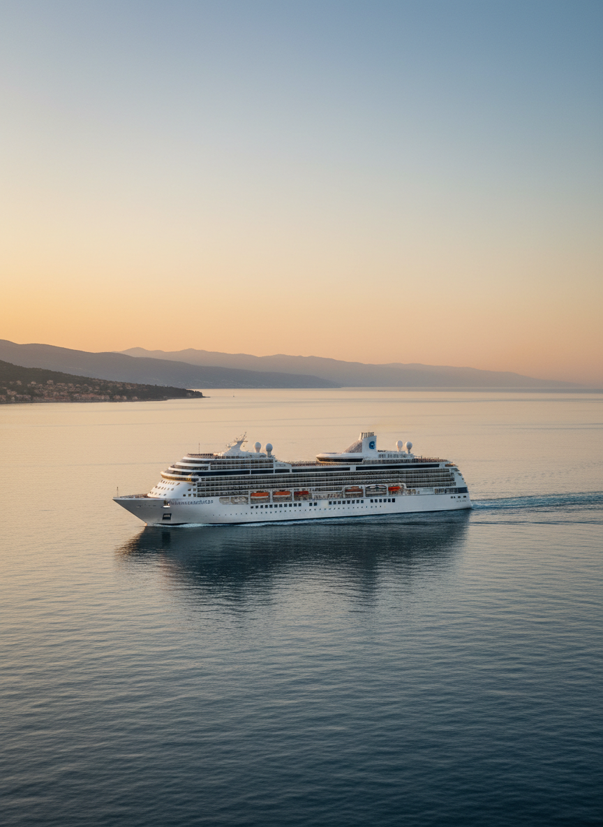 A sleek, mid-sized cruise ship gliding across a calm Adriatic Sea, its white hull reflecting the soft pastel hues of early evening. The vessel is centered in the frame at eye level, photographed in crisp, photographic realism, with gentle ripples fanning out behind it. In the distance, a faint outline of coastal towns and low mountains hints at the Venice-to-Athens route. The sky is painted with a subtle gradient from pale gold to deepening blue, casting a sophisticated, tranquil glow. The composition follows the rule of thirds, with ample negative space in the sky and water, creating a serene, elegant atmosphere that suggests the beginning of the Williams Cruise 2026 journey.