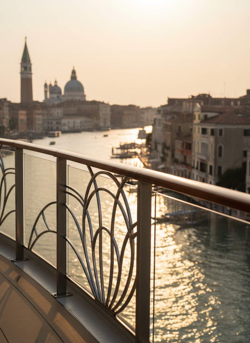 An ornate cruise-ship balcony railing in brushed stainless steel and glass, foregrounded against a sweeping view of Venice at golden hour. The camera is positioned at a slightly elevated angle from the balcony, focusing sharply on the railing’s smooth, reflective surfaces, with the domes and terracotta rooftops of Venice softly blurred beyond. Warm sunset light glints along the metal edges and dances on the rippled lagoon below, casting elongated, refined shadows. The mood is sophisticated and nostalgic, capturing a first departure moment. Photographic realism emphasizes the textures of polished metal, weathered stone buildings, and shimmering water, with a balanced composition that places the balcony in the lower third and the historic skyline rising gracefully behind.