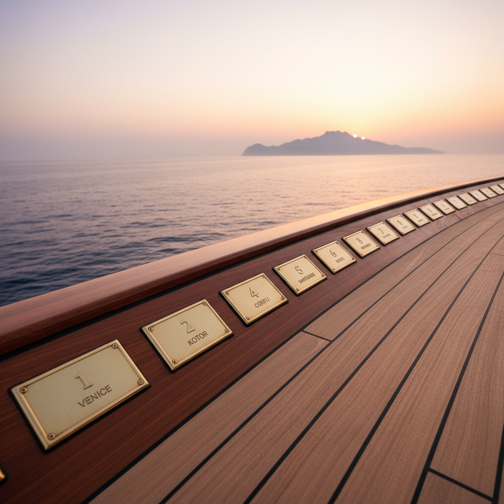A cinematic, wide-angle view from the ship’s open-air deck at sunrise, capturing a curated line of ten small, numbered brass plaques subtly embedded along the teak railing, each representing a different port on the Venice-to-Athens journey. The rich, honey-toned teak glows under soft, rosy dawn light, with the sea stretching out in tranquil gradients of blue and silver. In the distance, the silhouette of an approaching island is just visible through a delicate morning haze. The camera is placed low near the rail, leading the eye along the sequence of plaques toward the horizon. The mood is anticipatory and refined, with photographic realism emphasizing the fine grain of the wood, the brushed metal texture, and the gentle shimmer of the water.